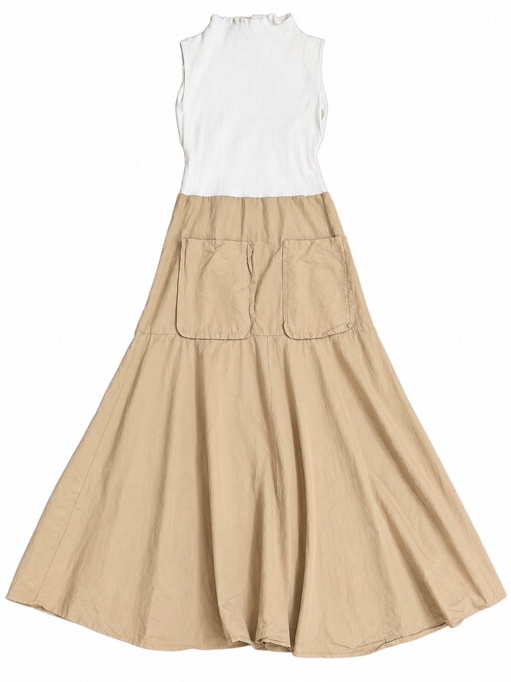 Zara White Ribbed Top & Beige Maxi Dress with Patch Pockets